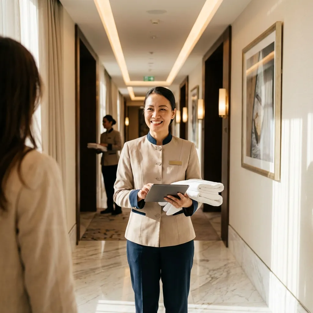 Nhân viên lễ tân khách sạn đón khách ở sảnh