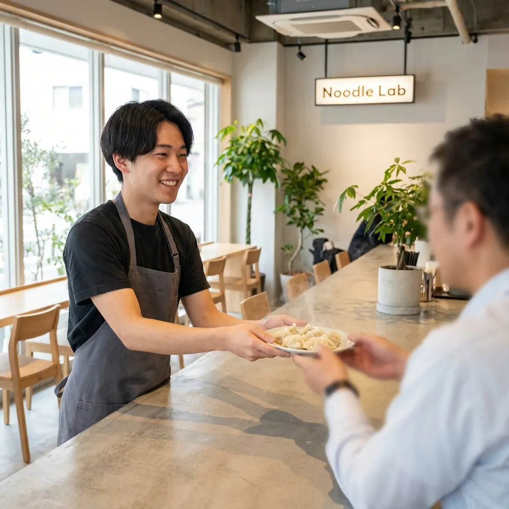 A front-of-house worker bringing a dish to a customer