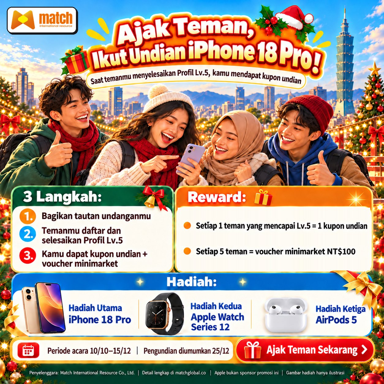 Poster acara ajak teman peluncuran aplikasi MatchGlobal